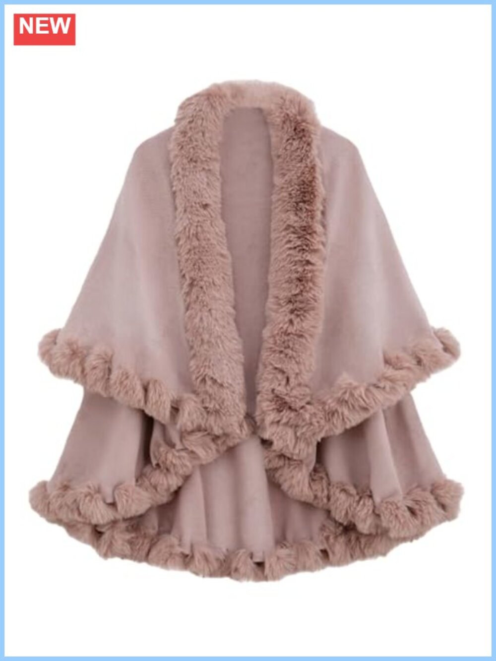 Faux Fur Trim Open Front Poncho Cardigan Cape Sweater Winter Warm Shawl Wrap